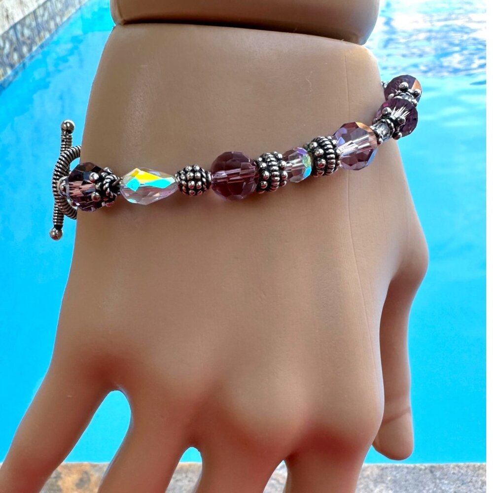 Handcrafted Lavender Crystal & Silver-Tone Bead Bracelet With Toggle Clasp - Picture 6 of 6